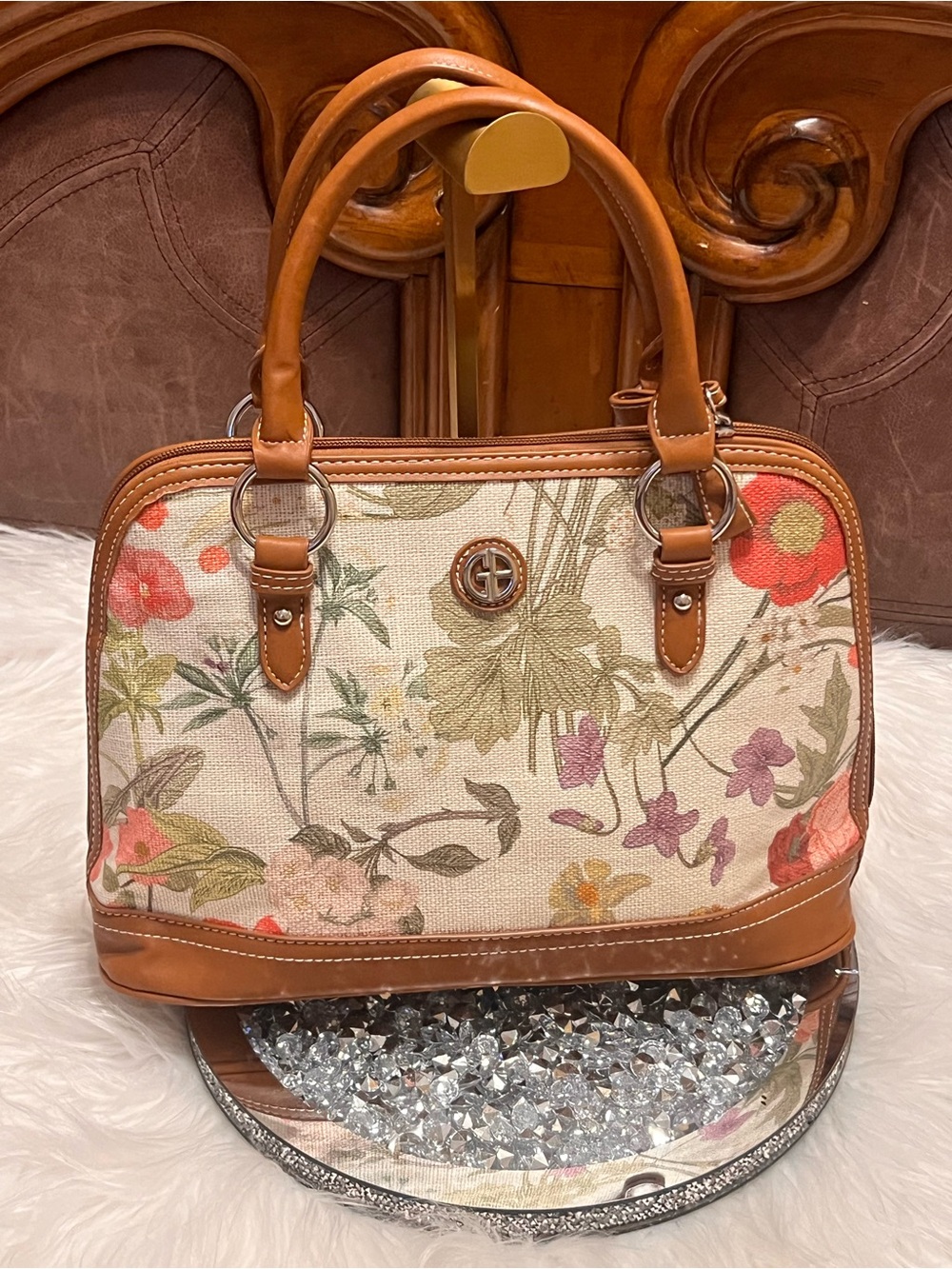 Gianni Bini Floral Canvas Satchel in Cream a handbag
